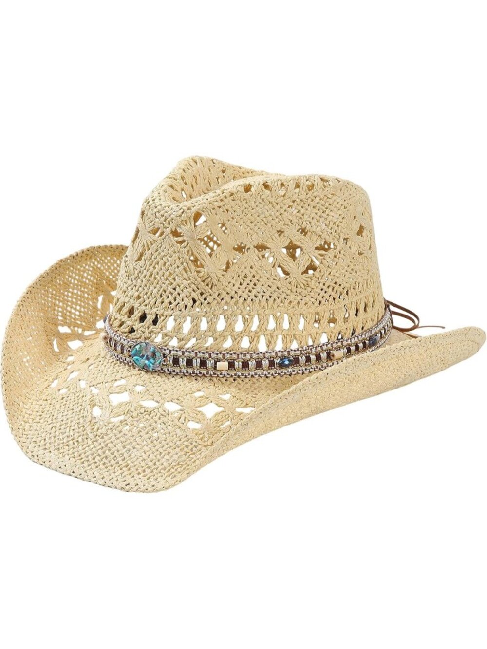 Unisex Cream Boho Band Wide Brim Breathable Western Straw Summer Cowgirl Hat
